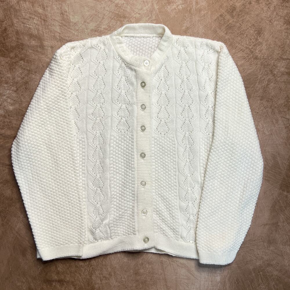 Vintage 60s Waffle Cable Knit Textured Cardigan Sweater White Button Up Cottage